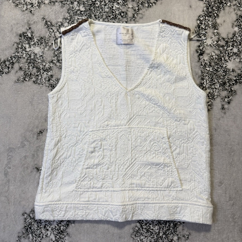 Zara Trafaluc Womens Size S White Quilted Jacquard Vest Top Y2K Beaded
